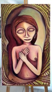 También de la serie “Mujeres que habitan”, la obra Ã, que significa sombra y alma en guaraní, realizada en un momento en donde sintió la necesidad de integrar nuestra parte más oscura con la más luminosa y aceptar las dos.